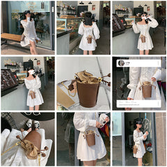 Cute Womens Coffee Leather Barrel Chain Crossbody Purse Bucket Round Shoulder Bag for Women