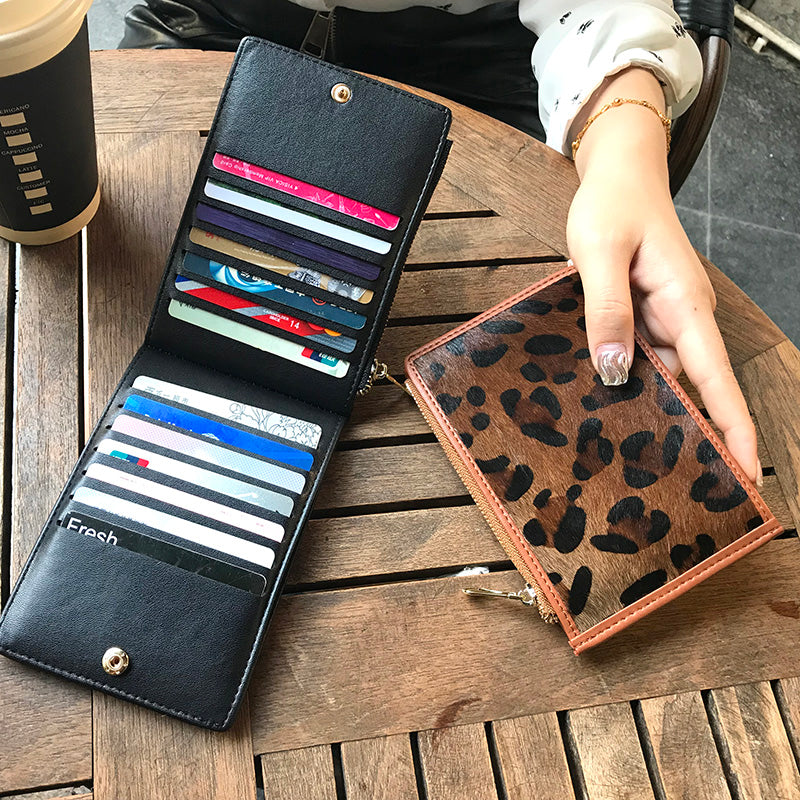 Cute Womens Horse Hair Leopard Print Leather Card Wallets Card Clutch Wallet Zip Card Holder Wallet for Women