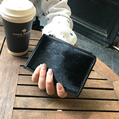 Cute Womens Horse Hair Black Leather Card Wallets Card Clutch Wallet Zip Card Holder Wallet for Women
