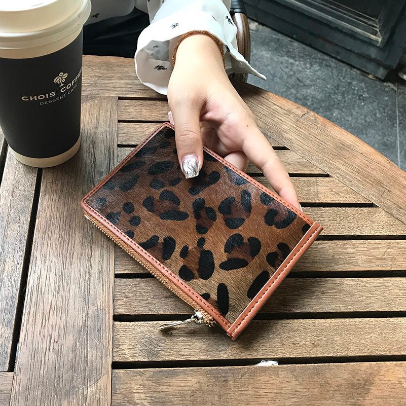 Cute Womens Horse Hair Leopard Print Leather Card Wallets Card Clutch