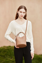 Cute Womens Khaki Round Leather Handbag Barrel Crossbody Purse Bucket Shoulder Bag for Women