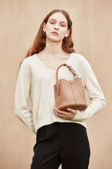 Cute Womens Khaki Round Leather Handbag Barrel Crossbody Purse Bucket Shoulder Bag for Women