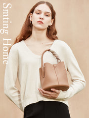 Cute Womens Khaki Round Leather Handbag Barrel Crossbody Purse Bucket Shoulder Bag for Women