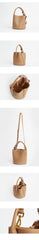 Cute Womens Khaki Round Leather Handbag Barrel Crossbody Purse Bucket Shoulder Bag for Women