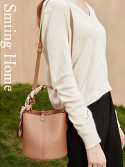 Cute Womens Khaki Round Leather Handbag Barrel Crossbody Purse Bucket Shoulder Bag for Women