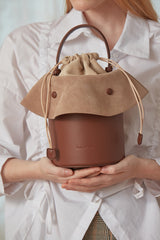 Cute Womens Leather Barrel Handbag Purse Coffee Crossbody Purse Bucket Round Shoulder Bag for Women