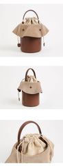 Cute Womens Leather Barrel Handbag Purse Coffee Crossbody Purse Bucket Round Shoulder Bag for Women