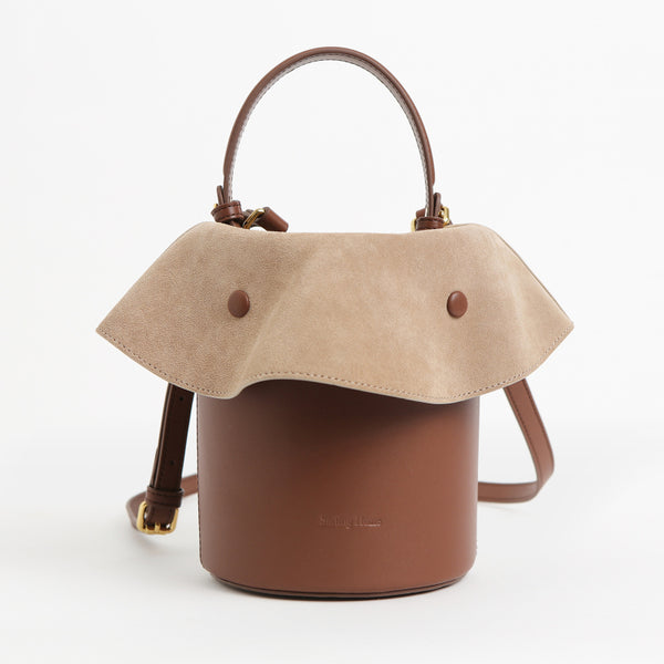 Cute Womens Leather Barrel Handbag Purse Coffee - Chain Detail