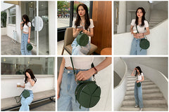 Cute Womens Leather Barrel Handbag Purse Green Crossbody Purse Bucket Round Shoulder Bag for Women