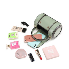 Cute Womens Light Green Leather Barrel Crossbody Purse Round Bucket Handbag Green Shoulder Bag for Women