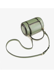 Cute Womens Light Green Leather Barrel Crossbody Purse Round Bucket Handbag Green Shoulder Bag for Women