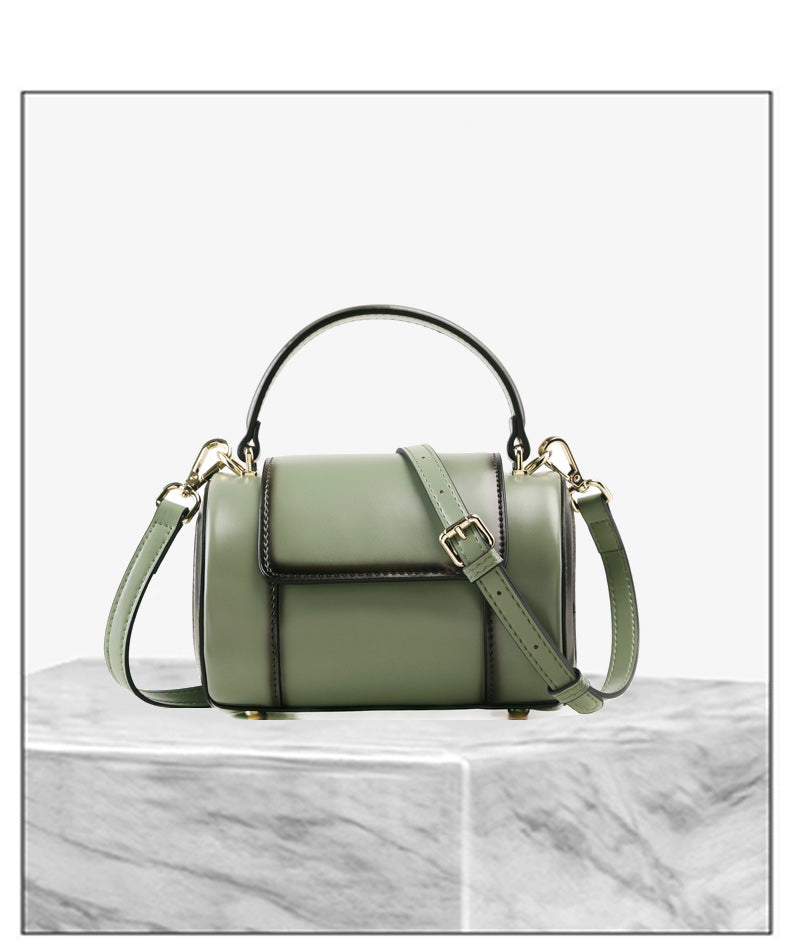 Green Full Grain Leather Zip Ruffle Crossbody Bucket Bag with Top