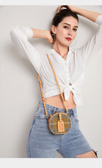 Cute Womens Mini Black Leather Tweed Round Handbag Crossbody Purse Handmade Round Shoulder Bag for Women