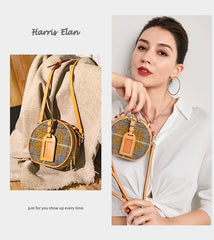 Cute Womens Mini Black Leather Tweed Round Handbag Crossbody Purse Handmade Round Shoulder Bag for Women