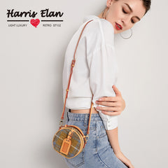 Cute Womens Mini Black Leather Tweed Round Handbag Crossbody Purse Handmade Round Shoulder Bag for Women