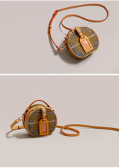 Cute Womens Mini Black Leather Tweed Round Handbag Crossbody Purse Handmade Round Shoulder Bag for Women