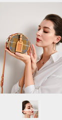 Cute Womens Mini Black Leather Tweed Round Handbag Crossbody Purse Handmade Round Shoulder Bag for Women