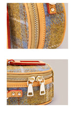 Cute Womens Mini Black Leather Tweed Round Handbag Crossbody Purse Handmade Round Shoulder Bag for Women