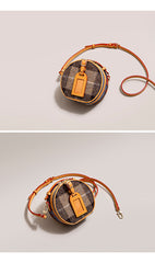 Cute Womens Mini Black Leather Tweed Round Handbag Crossbody Purse Handmade Round Shoulder Bag for Women
