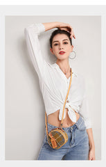 Cute Womens Mini Black Leather Tweed Round Handbag Crossbody Purse Handmade Round Shoulder Bag for Women