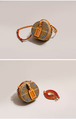 Cute Womens Mini Black Leather Tweed Round Handbag Crossbody Purse Handmade Round Shoulder Bag for Women