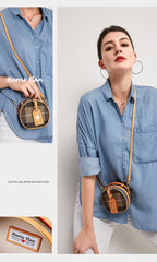Cute Womens Mini Black Leather Tweed Round Handbag Crossbody Purse Handmade Round Shoulder Bag for Women