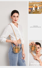 Cute Womens Mini Black Leather Tweed Round Handbag Crossbody Purse Handmade Round Shoulder Bag for Women