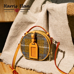 Cute Womens Mini Blue Leather Tweed Round Handbag Crossbody Purse Handmade Round Shoulder Bag for Women