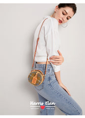 Cute Womens Mini Black Leather Tweed Round Handbag Crossbody Purse Handmade Round Shoulder Bag for Women