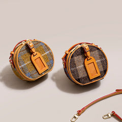 Cute Womens Mini Black Leather Tweed Round Handbag Crossbody Purse Handmade Round Shoulder Bag for Women