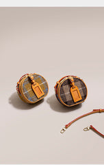 Cute Womens Mini Black Leather Tweed Round Handbag Crossbody Purse Handmade Round Shoulder Bag for Women
