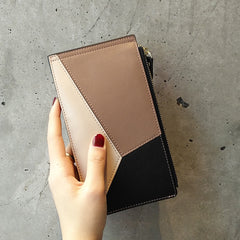 Cute Womens Patchwork Black Leather Card Wallet Card Clutch Wallet Zip Card Holder Wallet for Women