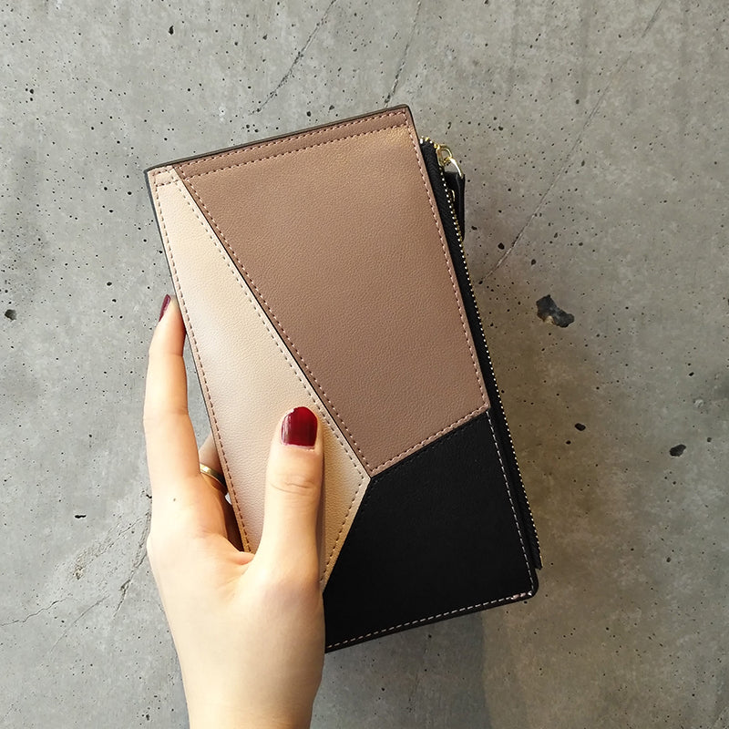 Cute Womens Patchwork Light Coffee Leather Card Wallet Card Clutch Wallet Zip Card Holder Wallet for Women