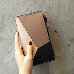 Cute Womens Patchwork Light Coffee Leather Card Wallet Card Clutch Wallet Zip Card Holder Wallet for Women