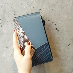 Cute Womens Patchwork Black Leather Card Wallet Card Clutch Wallet Zip Card Holder Wallet for Women