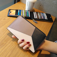 Cute Womens Patchwork Black Leather Card Wallet Card Clutch Wallet Zip Card Holder Wallet for Women