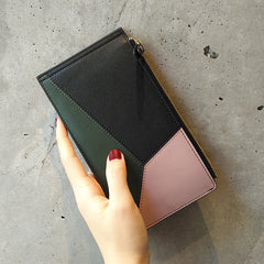Cute Womens Patchwork Black Leather Card Wallet Card Clutch Wallet Zip Card Holder Wallet for Women