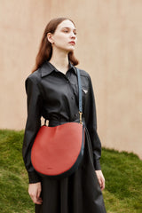 Cute Womens Black Leather Saddle Round Shoulder Bag Round Crossbody Purse for Women