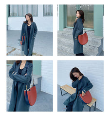 Cute Womens Black Leather Saddle Round Shoulder Bag Round Crossbody Purse for Women