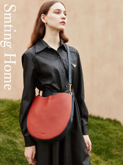Cute Womens Black Leather Saddle Round Shoulder Bag Round Crossbody Purse for Women