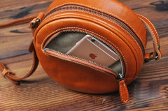 Cute Womens Small Tan Leather Round Crossbody Purse Vintage Round Tan Shoulder Bag for Women