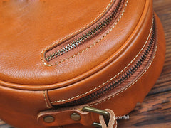 Cute Womens Small Tan Leather Round Crossbody Purse Vintage Round Tan Shoulder Bag for Women