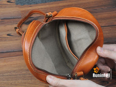 Cute Womens Small Coffee Leather Round Crossbody - Card Slots Detail