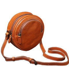 Cute Womens Small Tan Leather Round Crossbody Purse Vintage Round Tan Shoulder Bag for Women