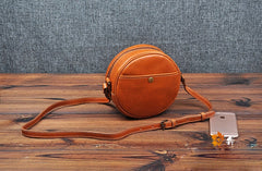 Cute Womens Small Tan Leather Round Crossbody Purse Vintage Round Tan Shoulder Bag for Women