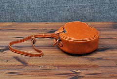 Cute Womens Small Tan Leather Round Crossbody Purse Vintage Round Tan Shoulder Bag for Women