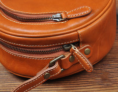 Cute Womens Small Tan Leather Round Crossbody Purse Vintage Round Tan Shoulder Bag for Women