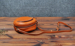 Cute Womens Small Tan Leather Round Crossbody Purse Vintage Round Tan Shoulder Bag for Women