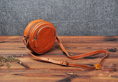 Cute Womens Small Tan Leather Round Crossbody Purse Vintage Round Tan Shoulder Bag for Women