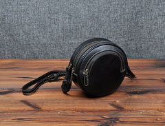 Cute Womens Small Black Leather Round Crossbody Purse Vintage Round Black Shoulder Bag for Women